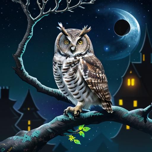 An owl sittiing on a tree branch at night, stars in the sky,...