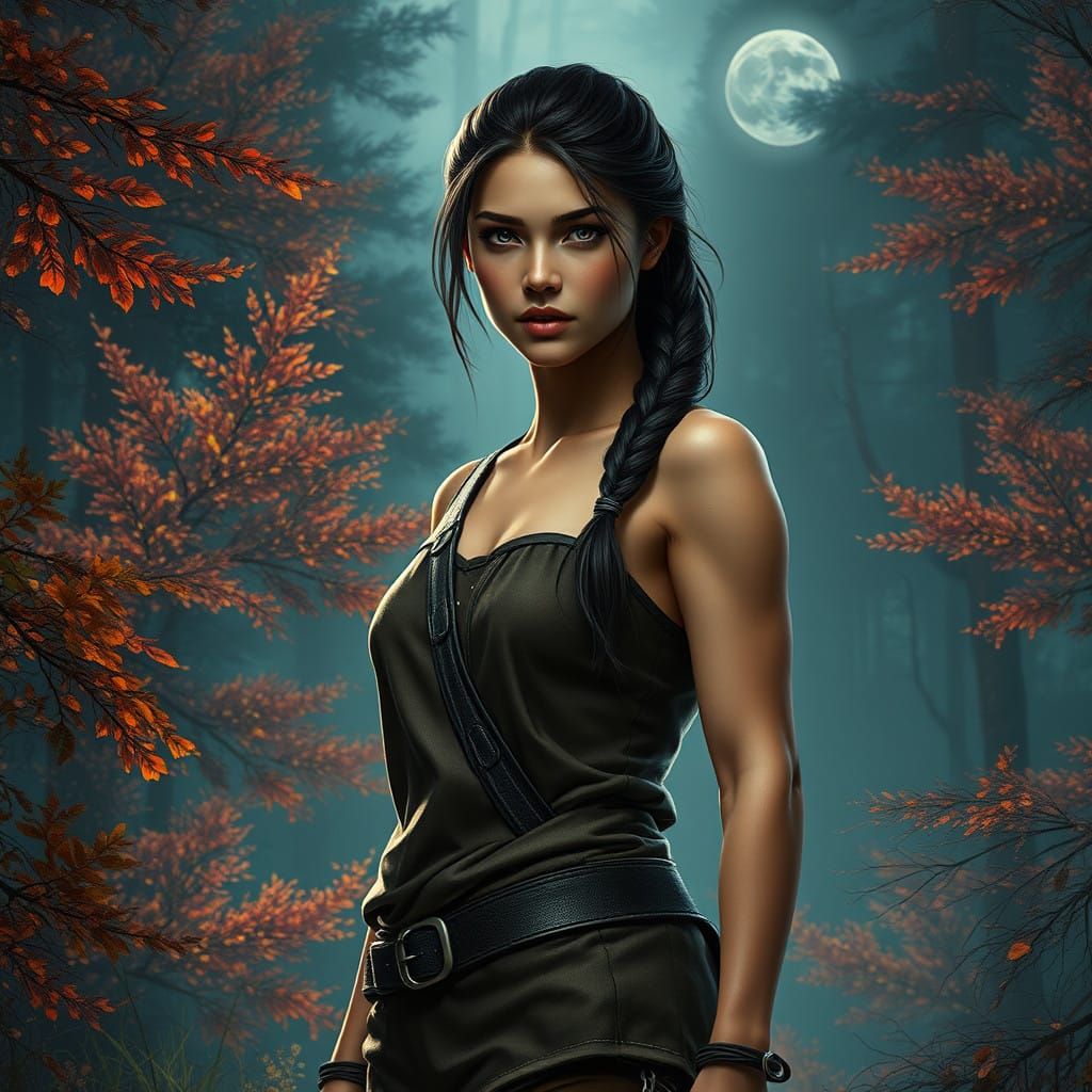 Resilient Huntress in Moonlit Forest