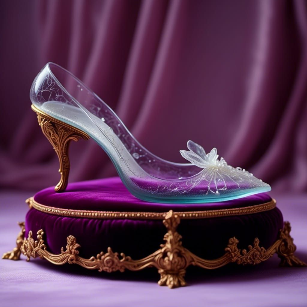  <lora:Bioluminescent:1.0> A glass slipper resting on a velvet cushion