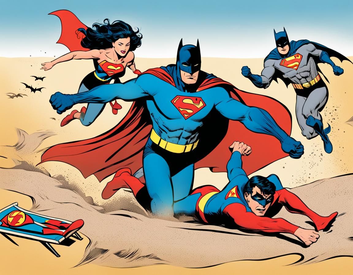 DC comics Superwoman on the beach lying on a sun lounger and...
