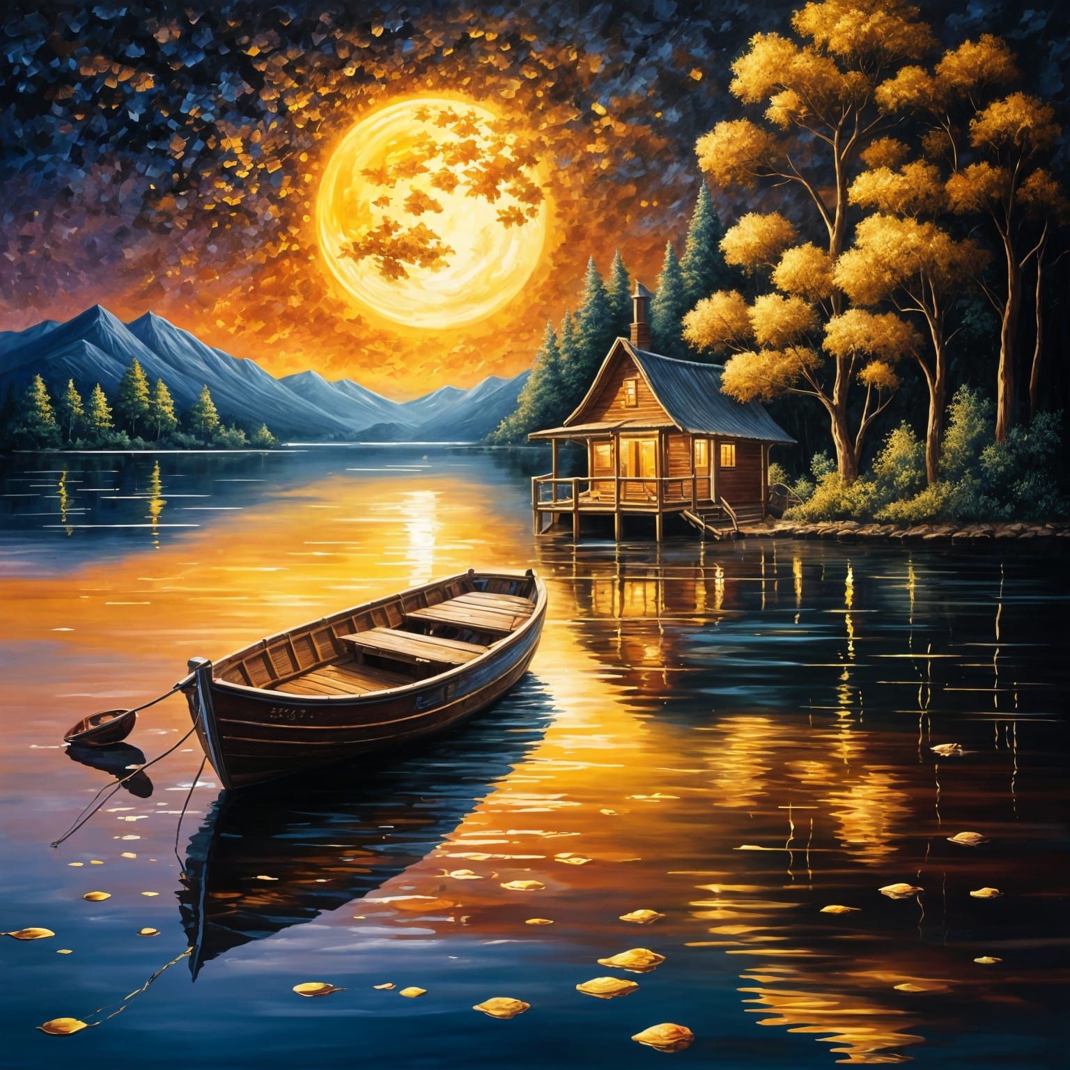 Beautiful lake with boat under golden moonlight