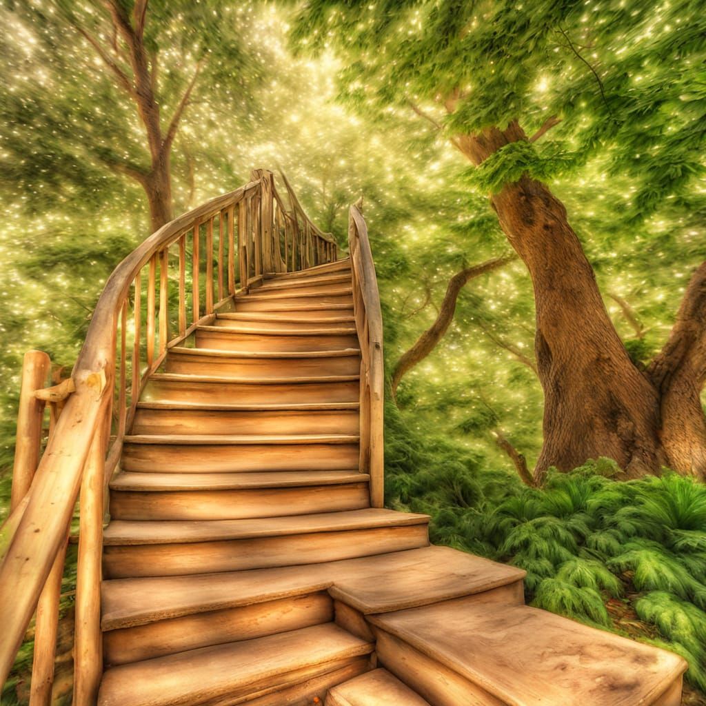 Stairs to a treehouse. HDR, beautifully shot, hyperrealistic, sharp focus, 64 megapixels, perfect composition, high contrast