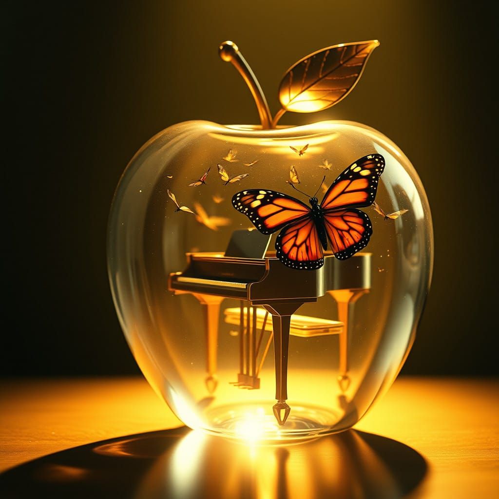 Crystal Clear Glass Apple Holds Majestic Piano in Ethereal D...