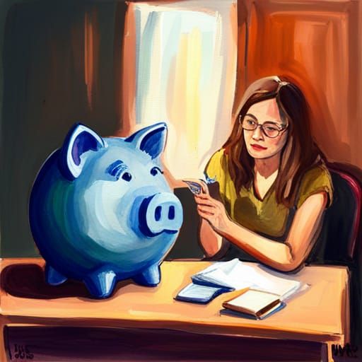 successful young woman looking longingly at her old piggy ba...