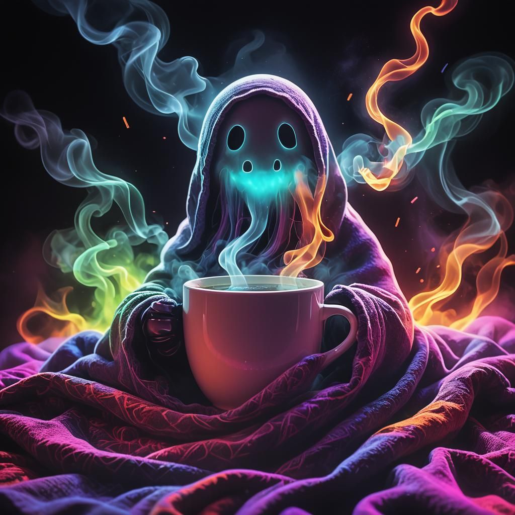 “An ferry glassi ghost wrapped in a cozy blanket, holding a ...