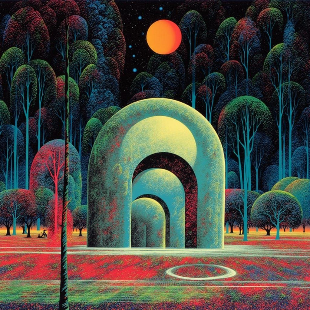 <lora:Eyvind Earle:1.0> A great platform held up by great pillars and arches stands within a vast plain holding a great domed world where we...
