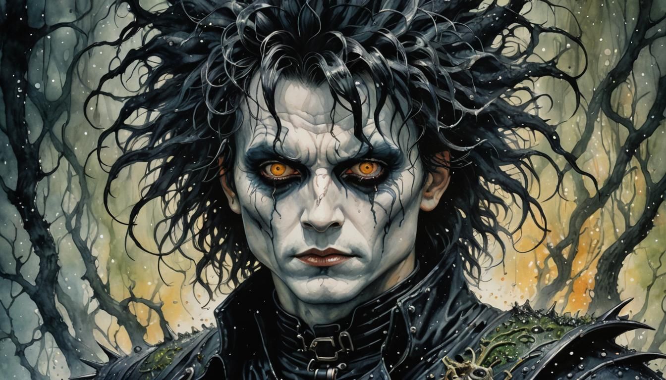 Edward Scissorhands art nouveau slimy fiery pointillism horror watercolor Jesper Ejsing , Luis Royo, ...  by @Joris