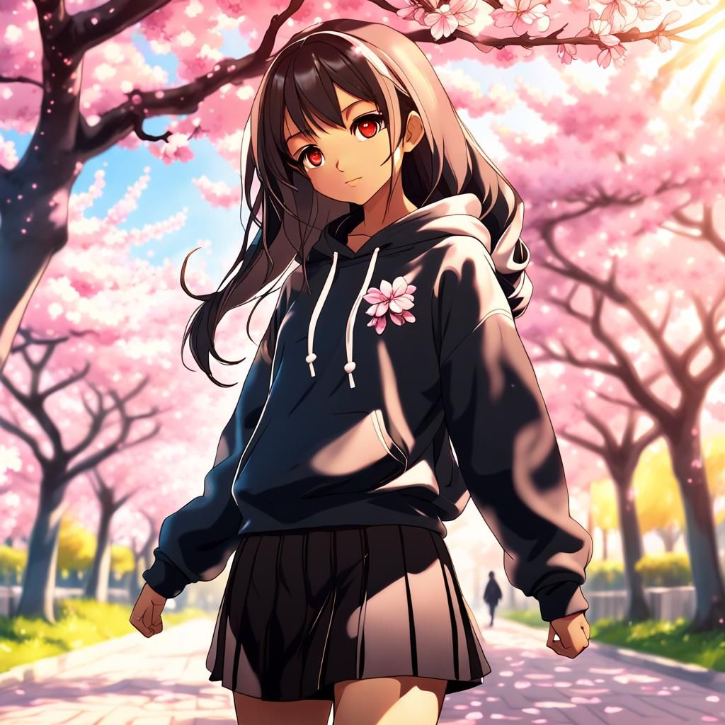 Anime Girl In Hoodie And Black Long Skirt, Posed Under A Pink Cherry 