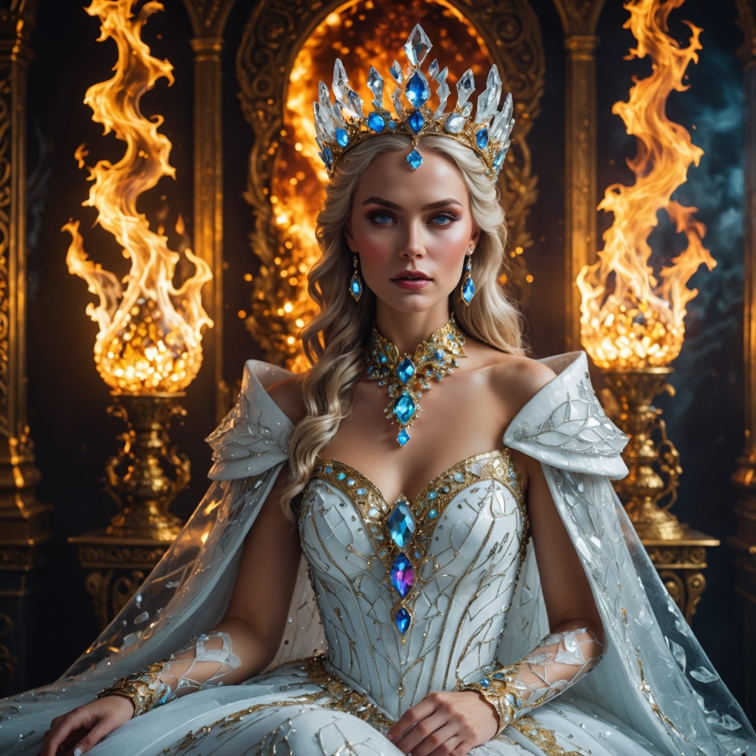 Hyper realistic breathtaking beautiful ice queen with luminous skin with surreal ice crown with colourful gems full, dress magnificent white...