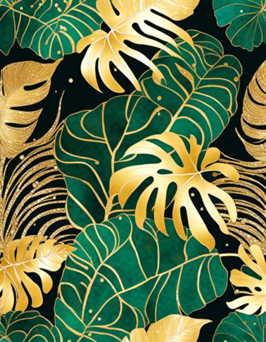 Gilded swirling Foliage, monstera palm leaves green and sparkling gold, <lora:Sparkling Collage:1.0> 