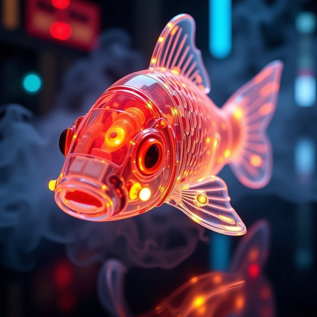 <lora:Cybernetix:1.0> dynamically close up, high-resolution photograph of a translucent softly glowing mechanical "Koi" back lit by neon lig...