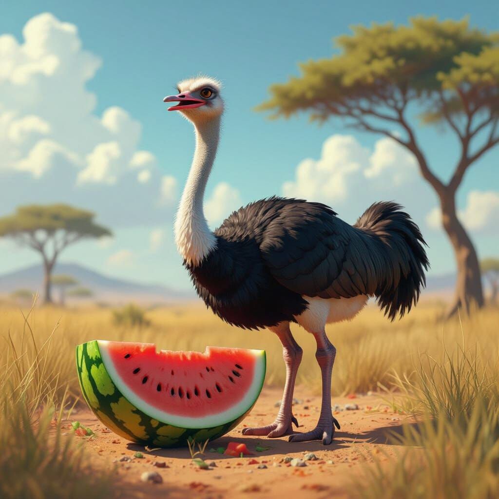 An ostrich eating a watermelon in Africa