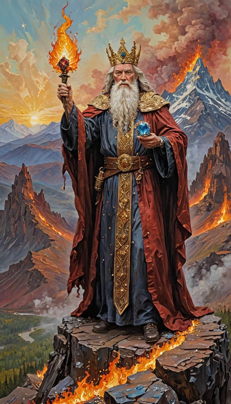 Great Wizard Portrait Atop Flaming Mountain in Impasto