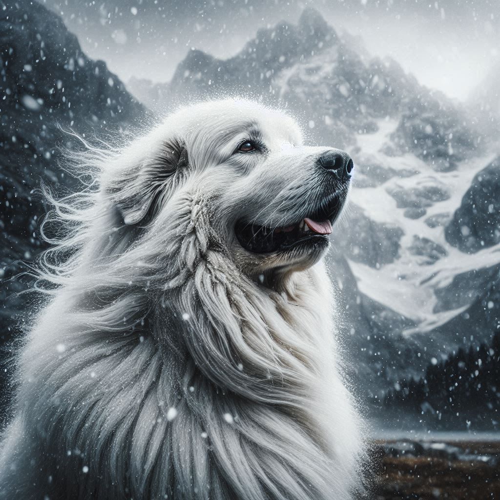 Great Pyrenees Dog in Snowy Mountains