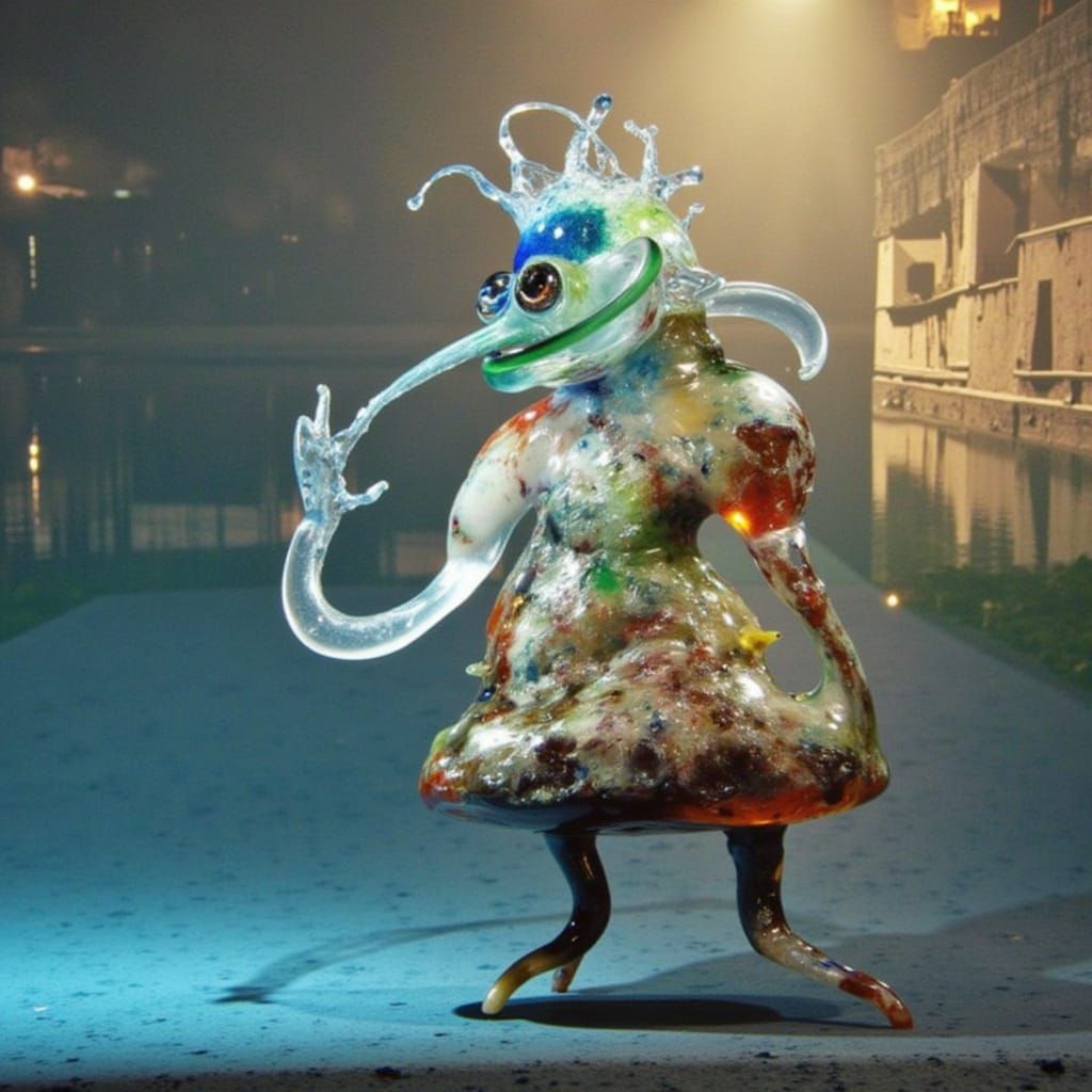 <lora:Flux Glas:1.0> a splashy funny creature from liquid glas and goggling eyes inspired by comic and splash art in a photographic way. In ...