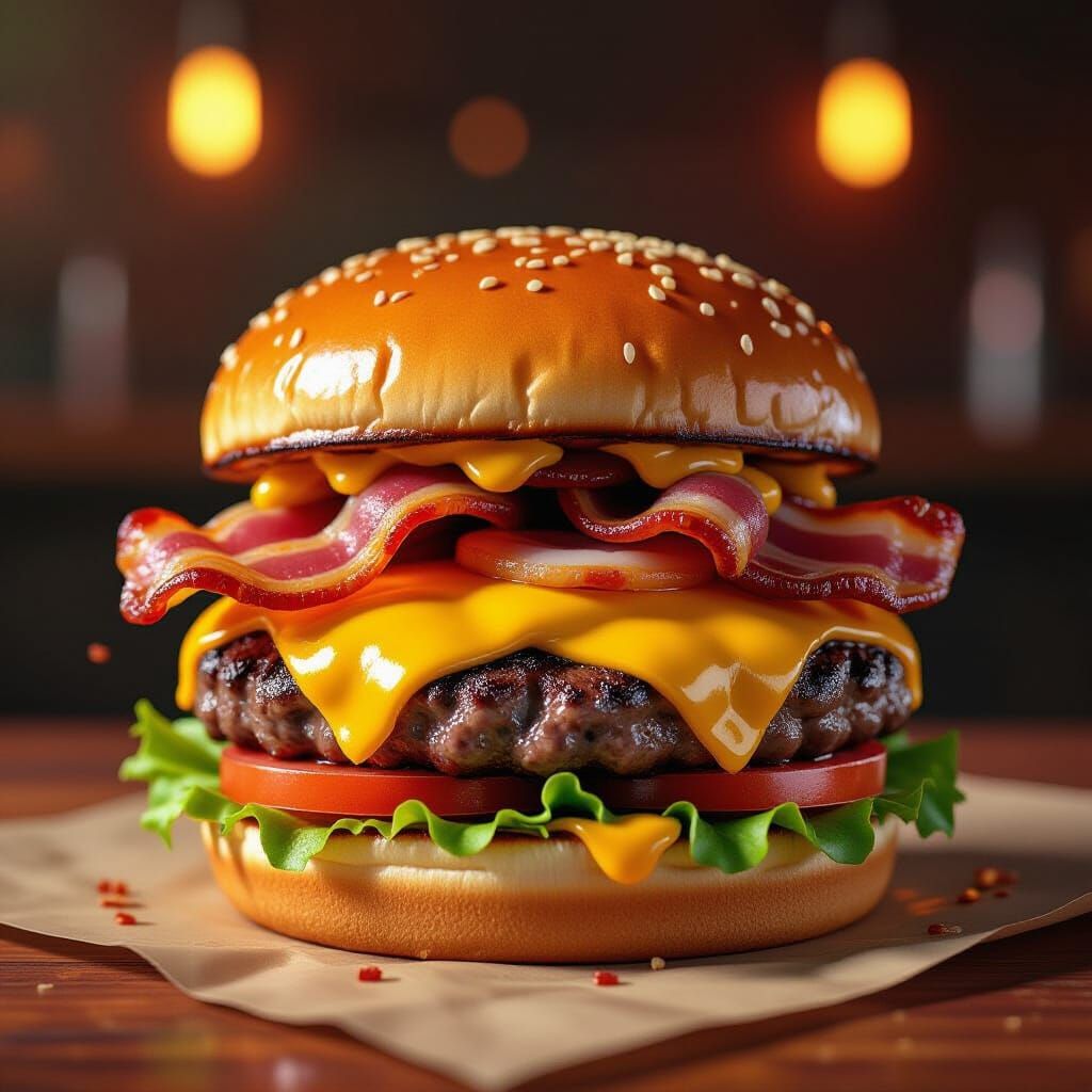 Juicy Burger with Melted Cheese & Bacon, Vibrant Style