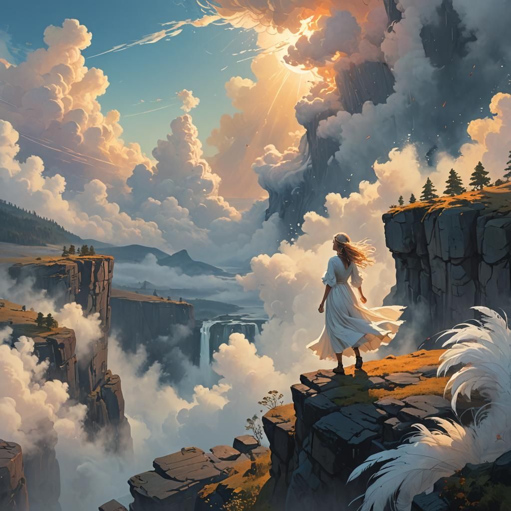 Woman on Cliff in Dreamlike Landscape, Stalenhag Style
