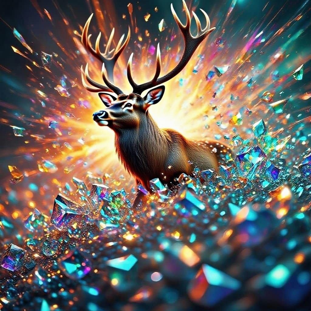 Majestic Stag Explodes Through Crystal in Epic Fantasy Reali...