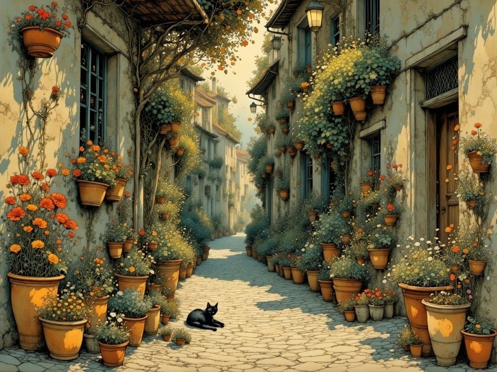 Mediterranean alley with lots of flower pots and a cute sleeping cat in between, by Arthur Rackham, Carne ...  by @Tina auf der Blumenwiese