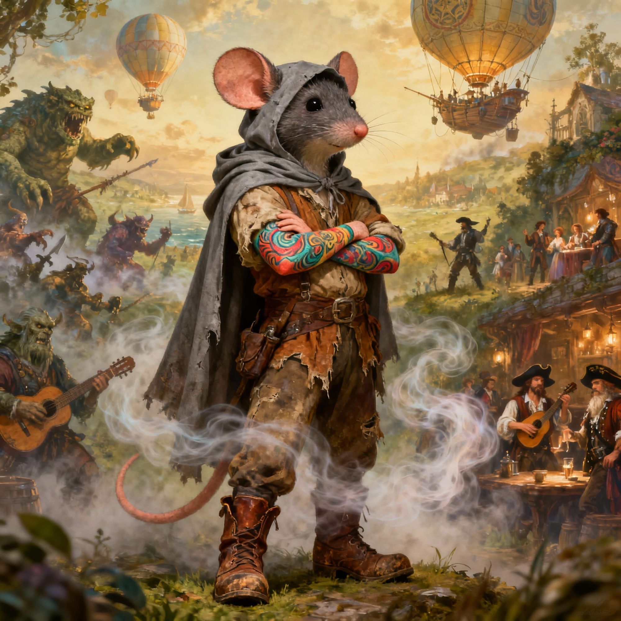 a highly detailed anthropomorphic mouse in shabby clothes, with a grey cape on his back and head, boots on his feet, and tattooed arms. He s...