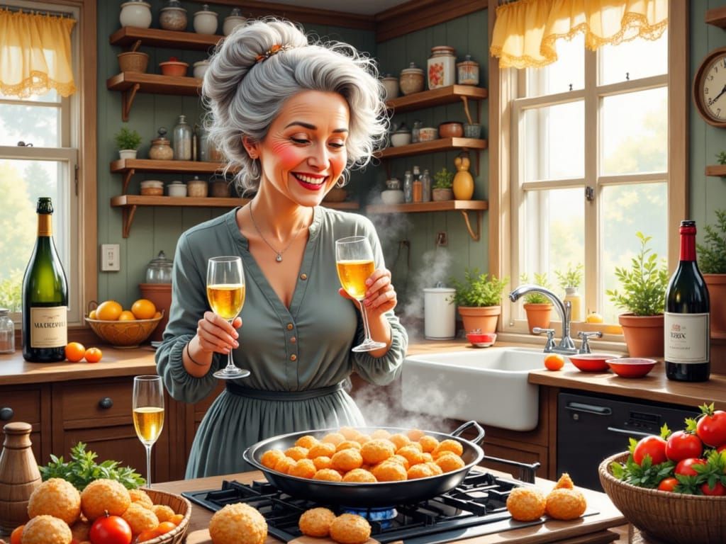 Elderly Woman Joyfully Frying Oliebollen in Cozy Kitchen