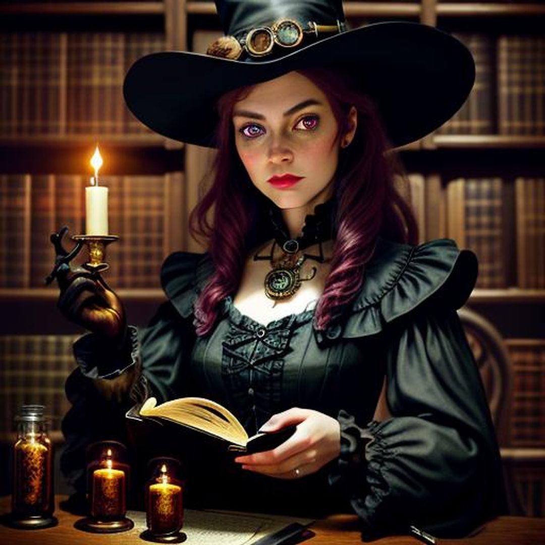 Matilda, Steampunk witch in alchemical library - AI Generated Artwork ...