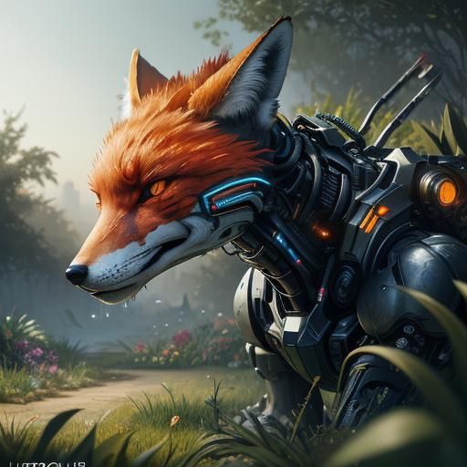 A cyborg fox in a garden. Massive scale and unreal engine. U...