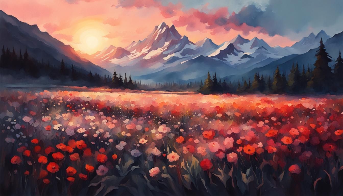 Flower Field Sunrise: Watercolor Matte Painting