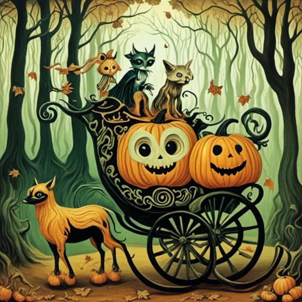 <lora:Woodcut Whimsy:1.0> Pumpkin carriage 