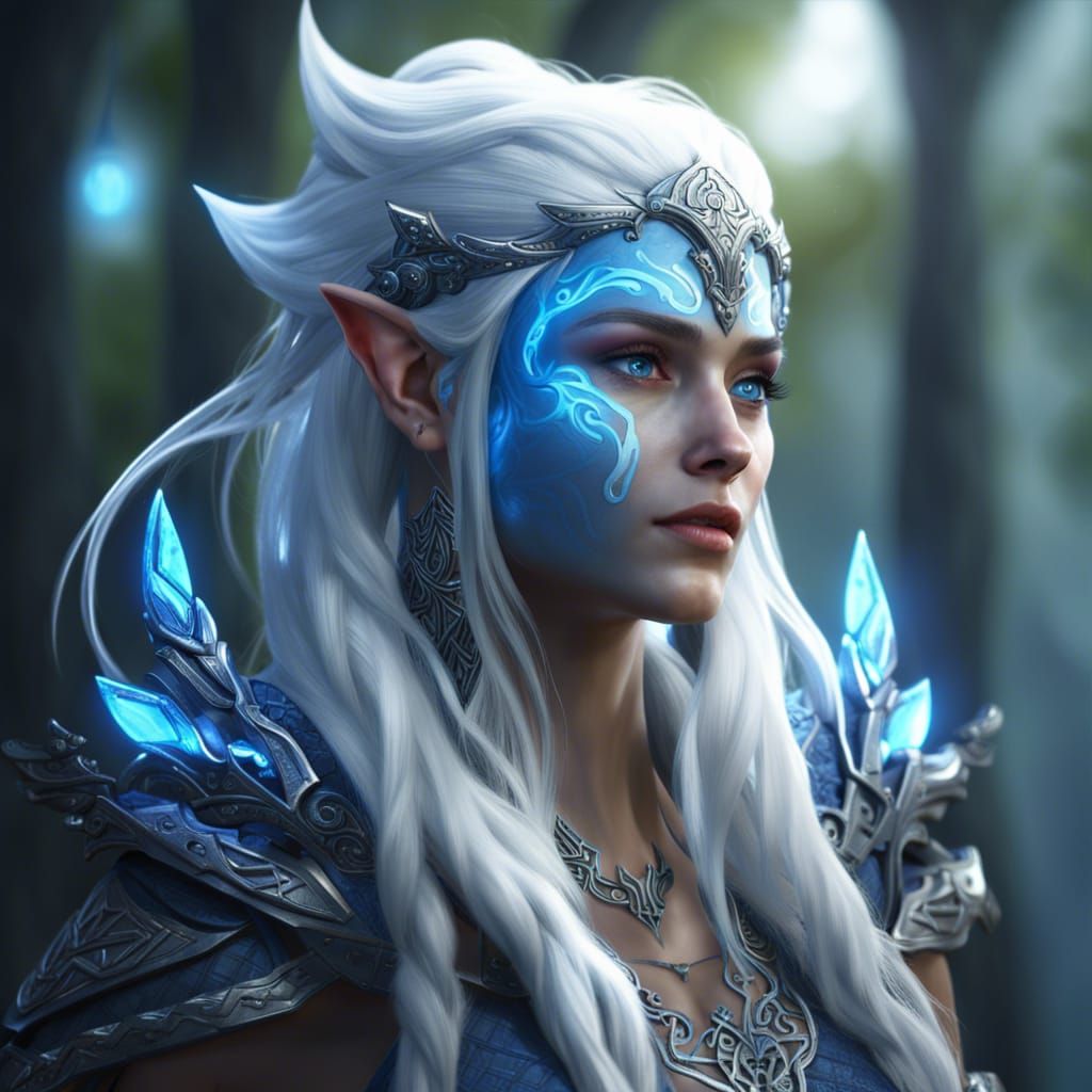 Create a druid moon hige elf, blue eyes, blue skin, white hair, 8k ...