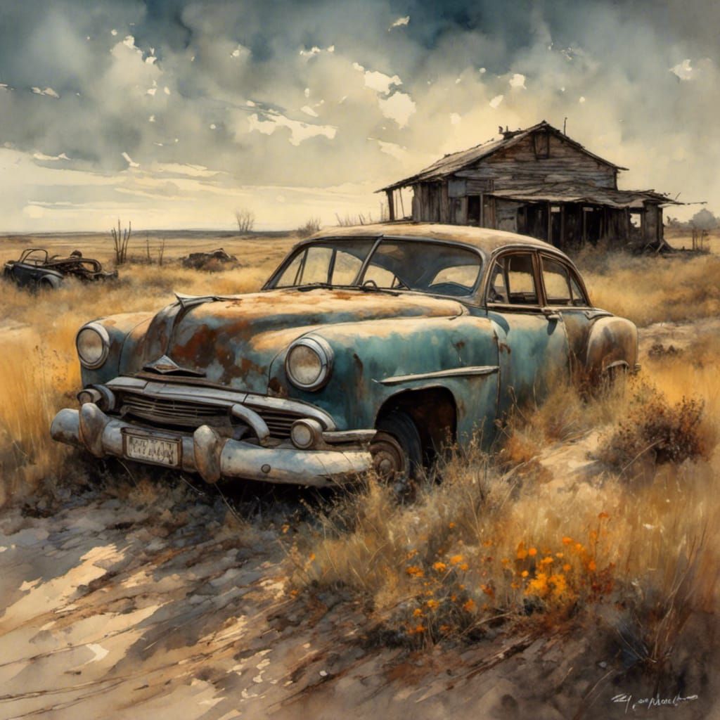 An old car in the wasteland, professional photography, HDR, DLSR, sharp detail, photorealism  <lora:Exp8:1.0> 