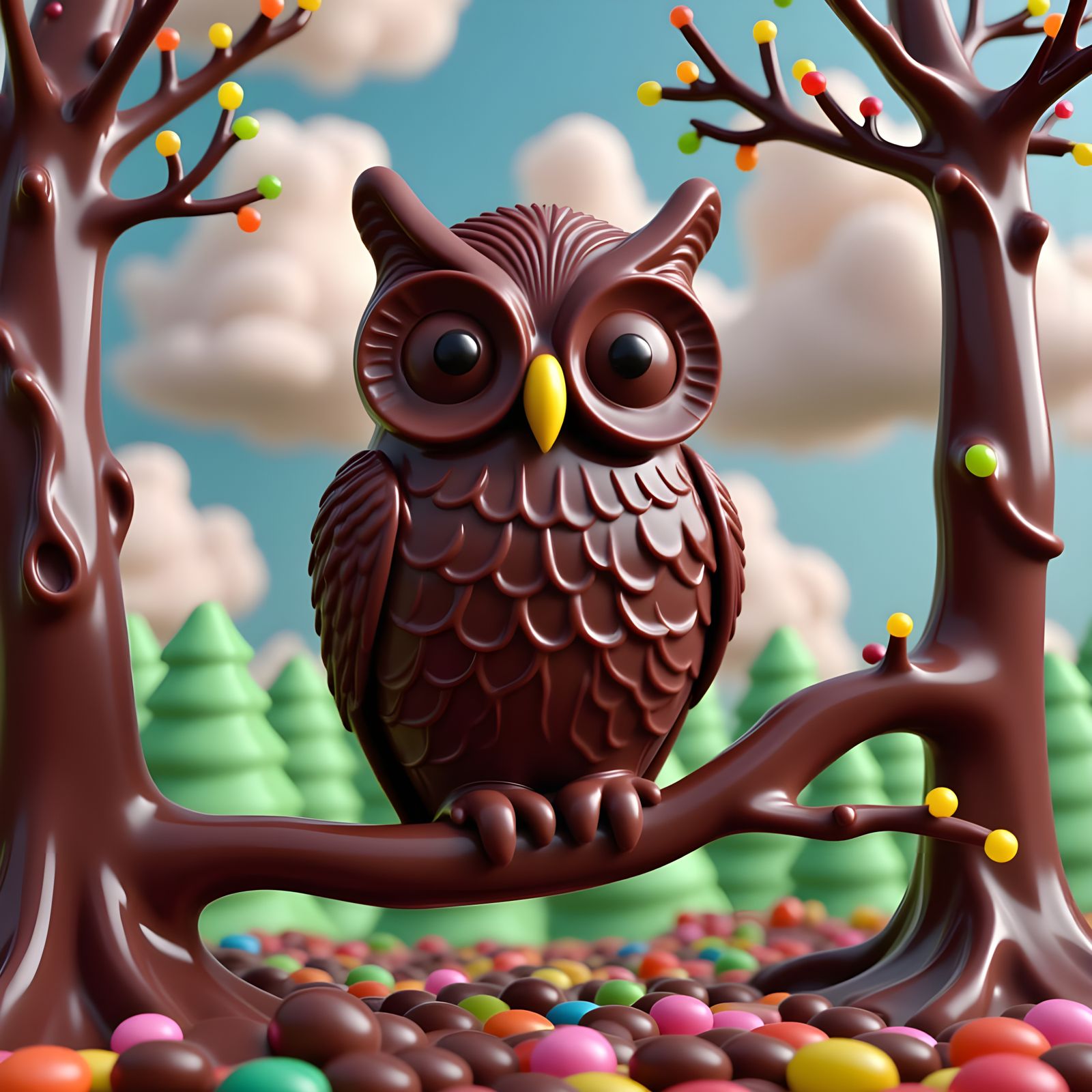 <lora:SugarRush:1.0> , sentient chocolate owl perched in a tree in a gummy candy forest, sharp detail, cloudy sky