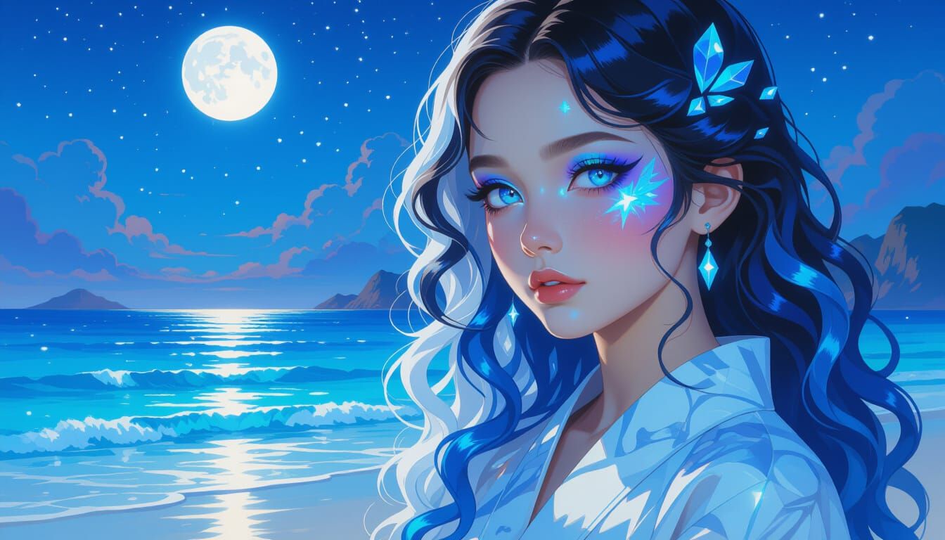 bright surrealism art. side portrait. bold colors, gradients, realism drawn. A young female, with hypervivid iridescent ...