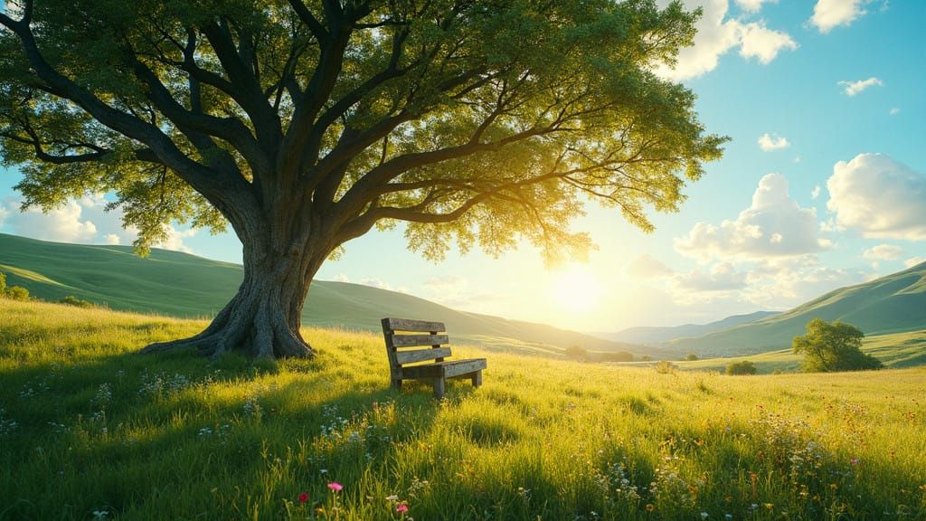 A serene landscape on a warm sunny day. A bright blue sky with fluffy white clouds, a vibrant green meadow ...  by @Scarecrow73