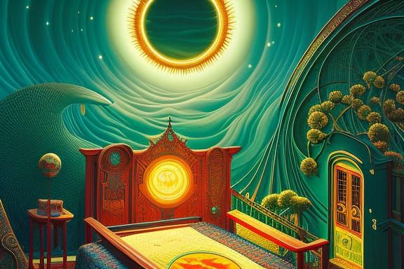 wizard woman in Surreal artisanal bed made entirely of Sun a...