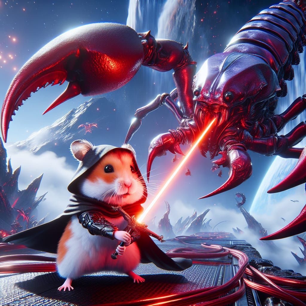 a red and white hamster dressed as a sith lord holding a red...