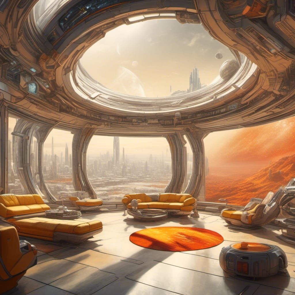 a large <lora:Sci-Fi Rooms:1.0> room outlooking a vast alien landscaped dotted with a metropolis, orange, yellow, red, white hues