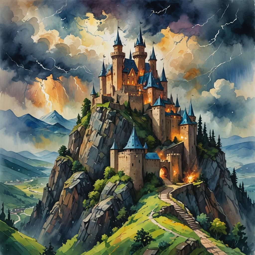 Mysterious Castle on Mountain Top: Gouache Watercolor