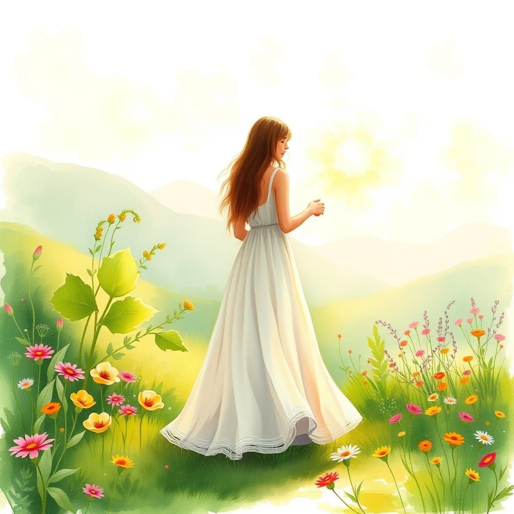 Woman in Wildflower Meadow: Watercolor Style