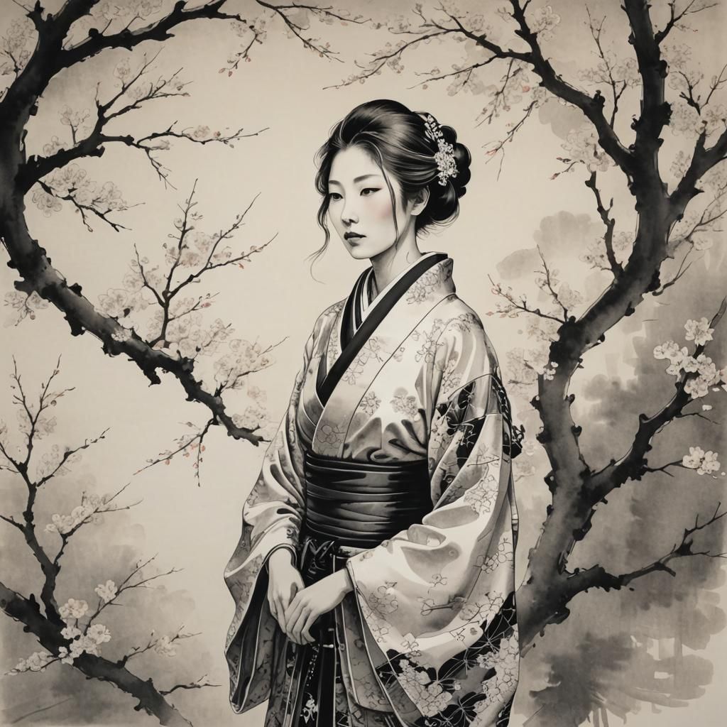 black and white Japanese ink drawing, beautiful Japanese wom...