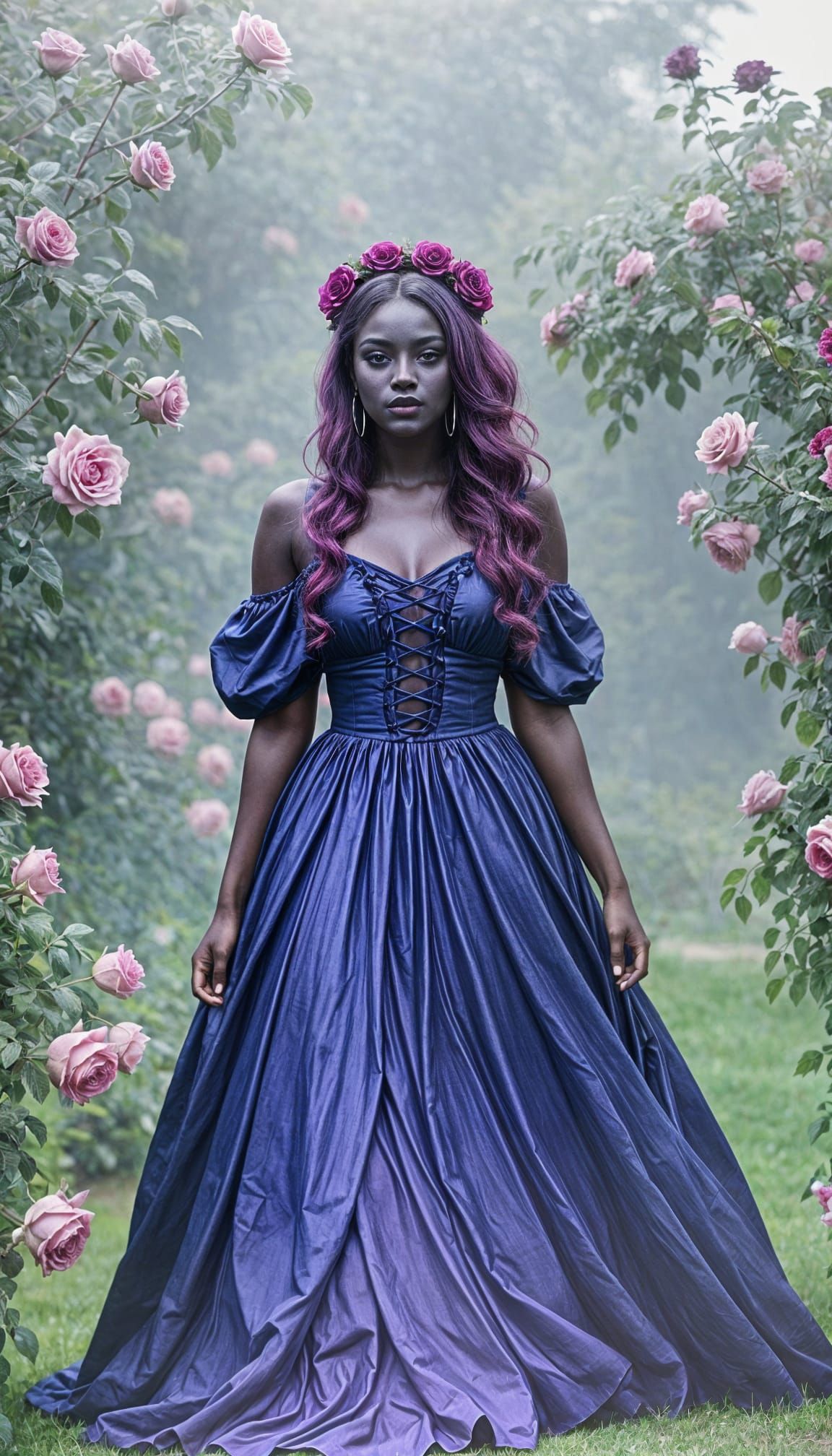 Beautiful girl with dark blue skin, long magenta hair and vi...