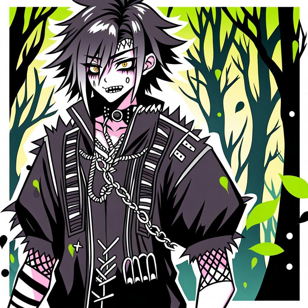 anime punk goth guy in haunted forest