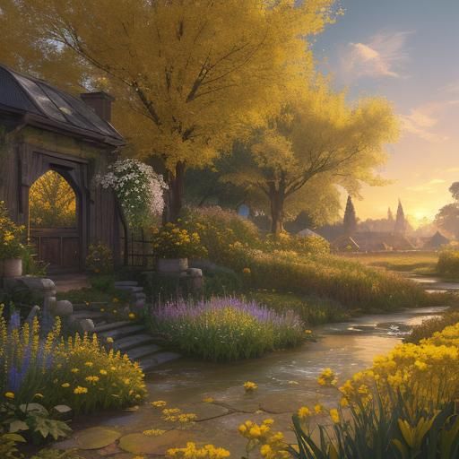 rural garden with yellow flowers in golden hour