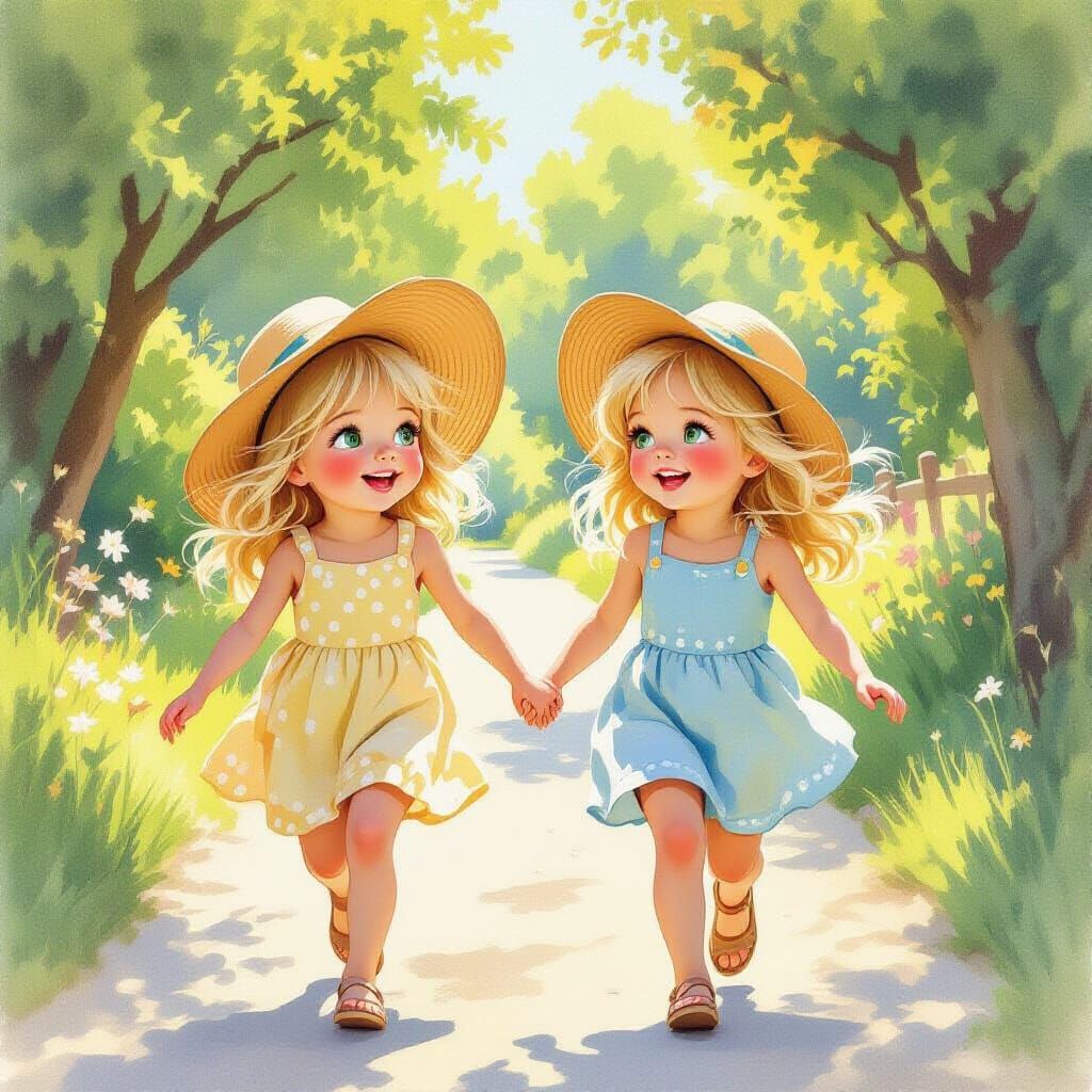 Joyful Blonde Girls Skip in Sunshine Watercolor Style