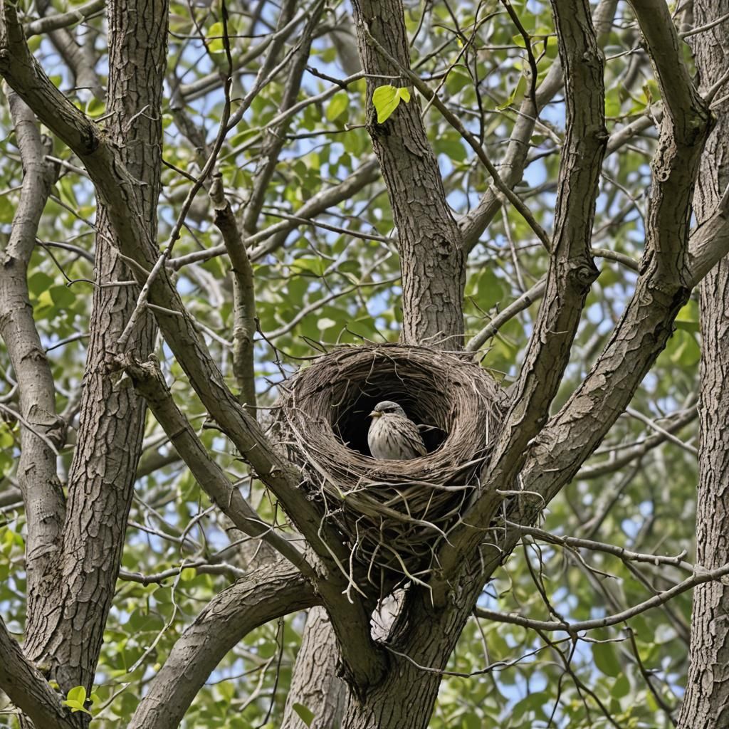 An ((empty)) nest in a tree