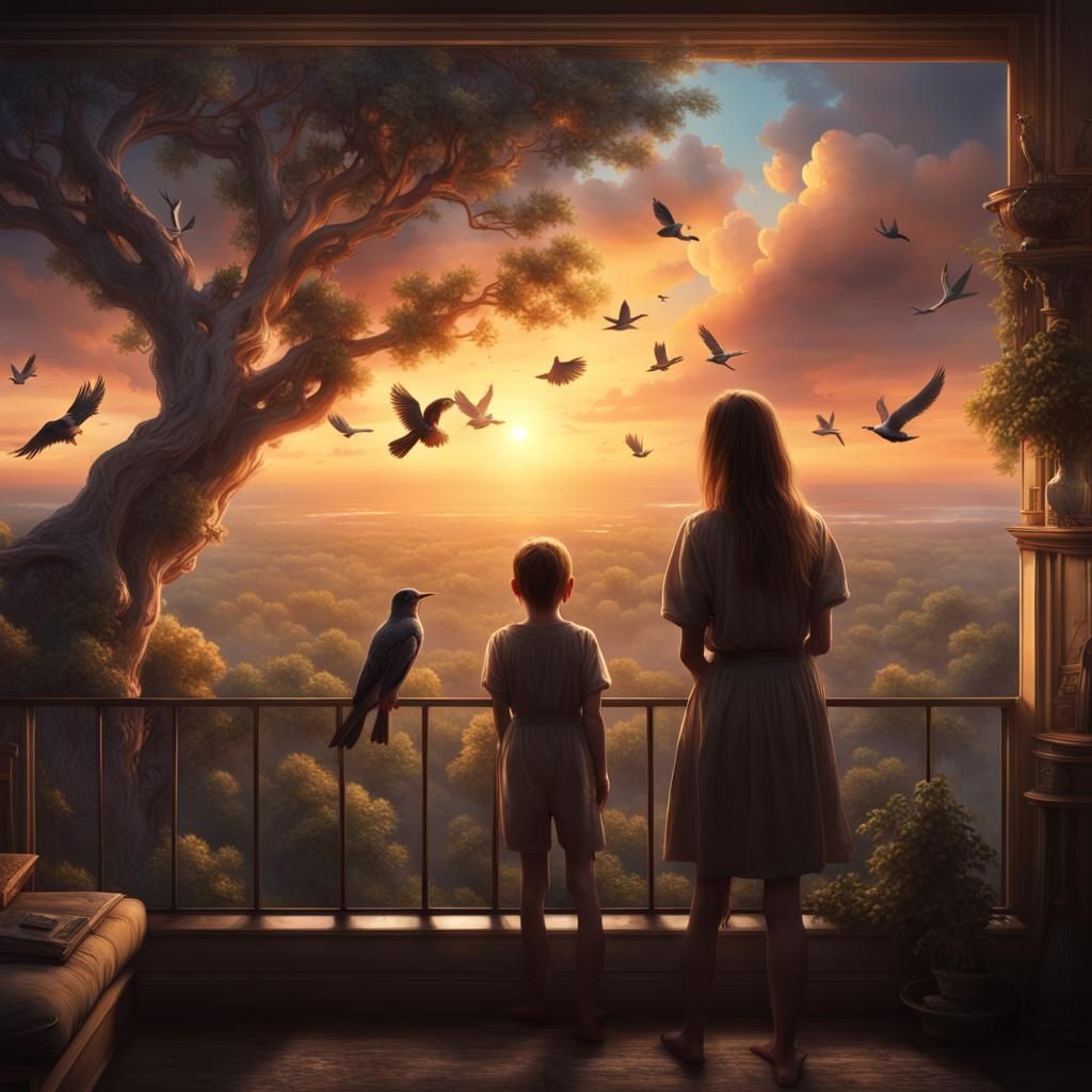 Girl and Hidden Boy Watch Sunrise: Digital Painting