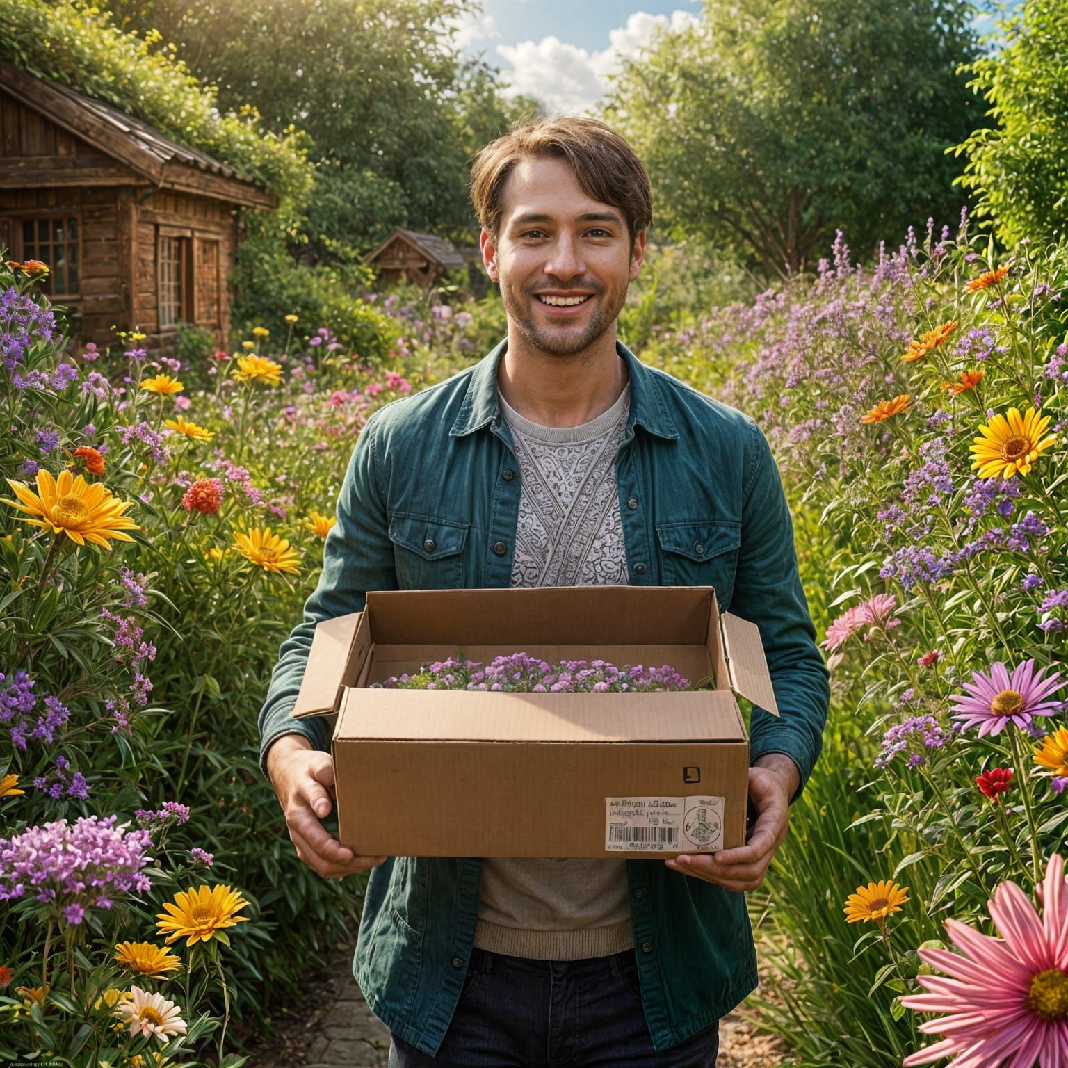 Detailed matte painting. Medium shot. A man with a cardboard box for a head, smiling, in a lush, vibrant garden. Fantasy concept art. Delica...