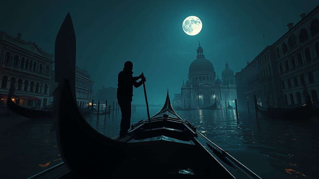 Venice canal, near Venice's St. Mark's cathedral. Deserted night. Rising moon. View from below. A  decrepit ...  by @onemiguel