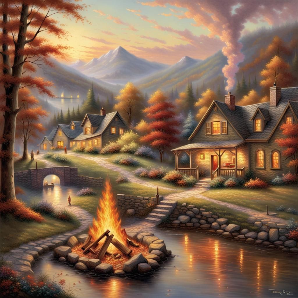 Art by Thomas Kinkade, a serene village scene glowing within the embers of a campfire, the warm light uncovering a peaceful life within the...