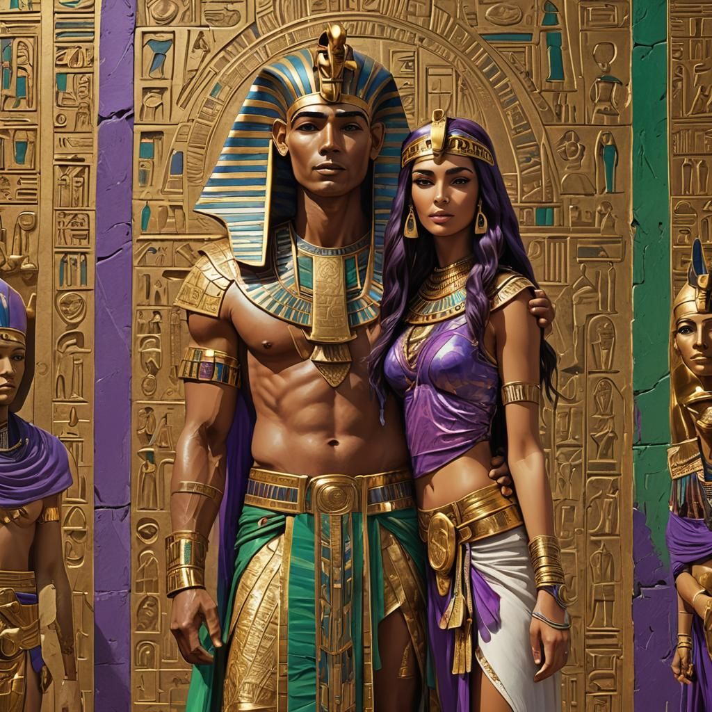 an Egyptian pharaoh and a very beautiful girl with long gold...